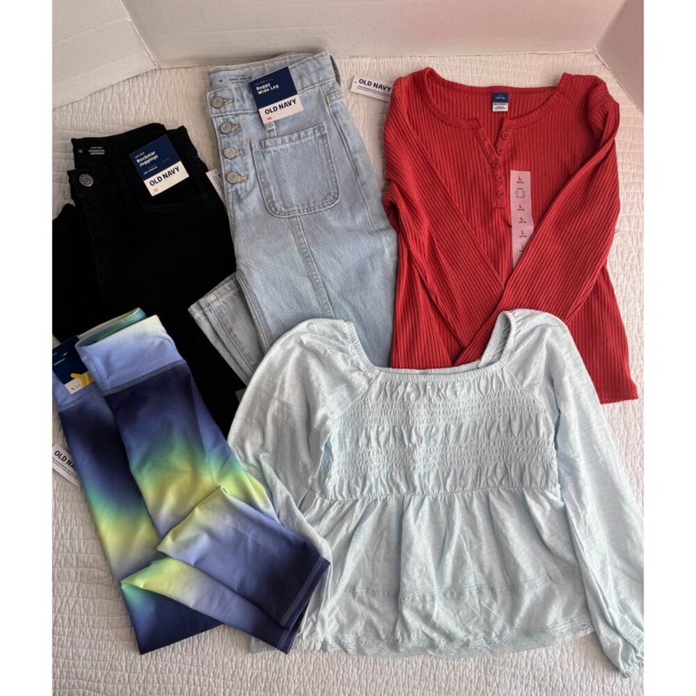 NWT Old Navy Bundle Of Girls Jeans, Long Sleeve Blouses, Black Leggings Sz 10-12